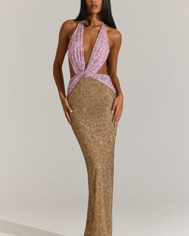 Pink Leopard Embellished Cut-Out Maxi Dress