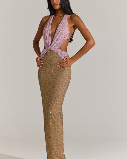 Pink Leopard Embellished Cut-Out Maxi Dress