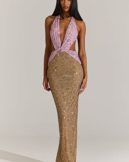 Pink Leopard Embellished Cut-Out Maxi Dress