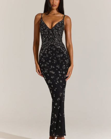 Black Embellished Plunge Neck Maxi Dress