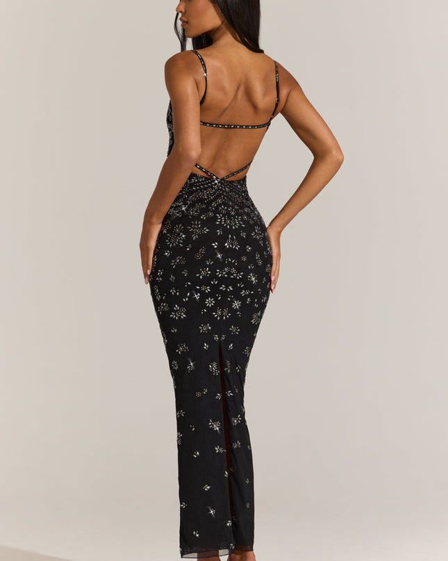 Black Embellished Plunge Neck Maxi Dress