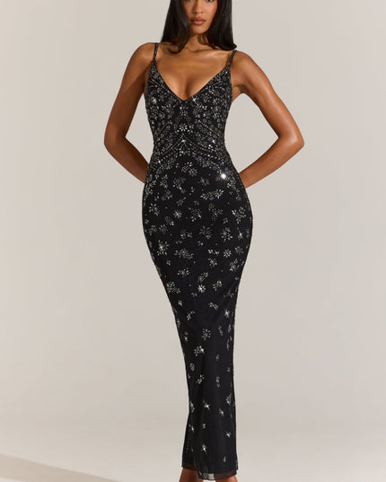Black Embellished Plunge Neck Maxi Dress