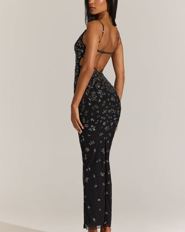 Black Embellished Plunge Neck Maxi Dress