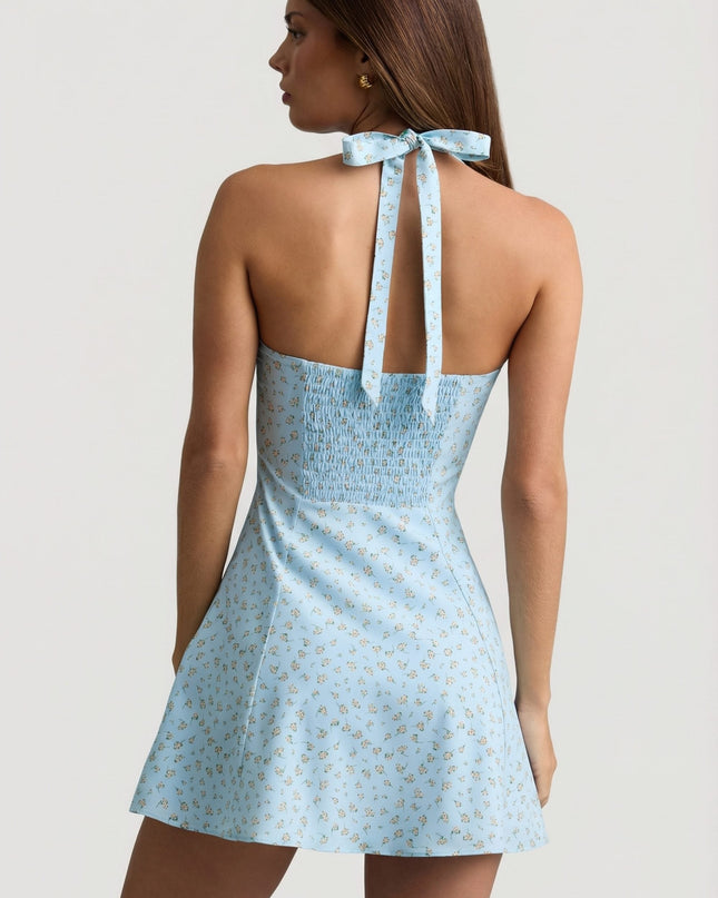 Blue Flower Print Halterneck A-Line Mini Dress