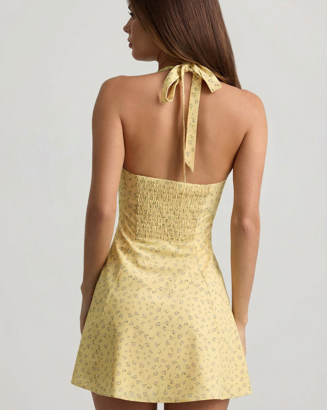 Yellow Flower Print Halterneck A-Line Mini Dress