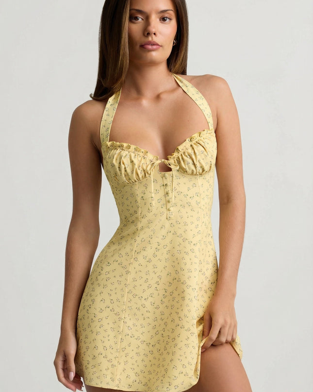 Yellow Flower Print Halterneck A-Line Mini Dress