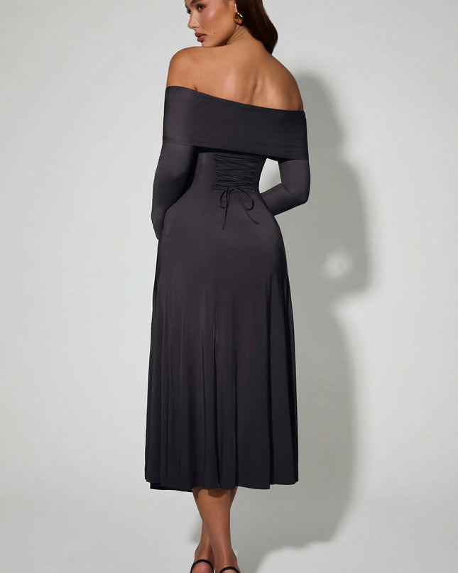 Black Off-Shoulder Lace-Up A-Line Midaxi Dress