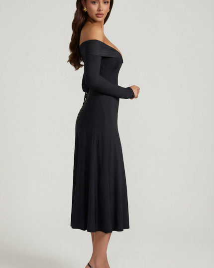 Black Off-Shoulder Lace-Up A-Line Midaxi Dress