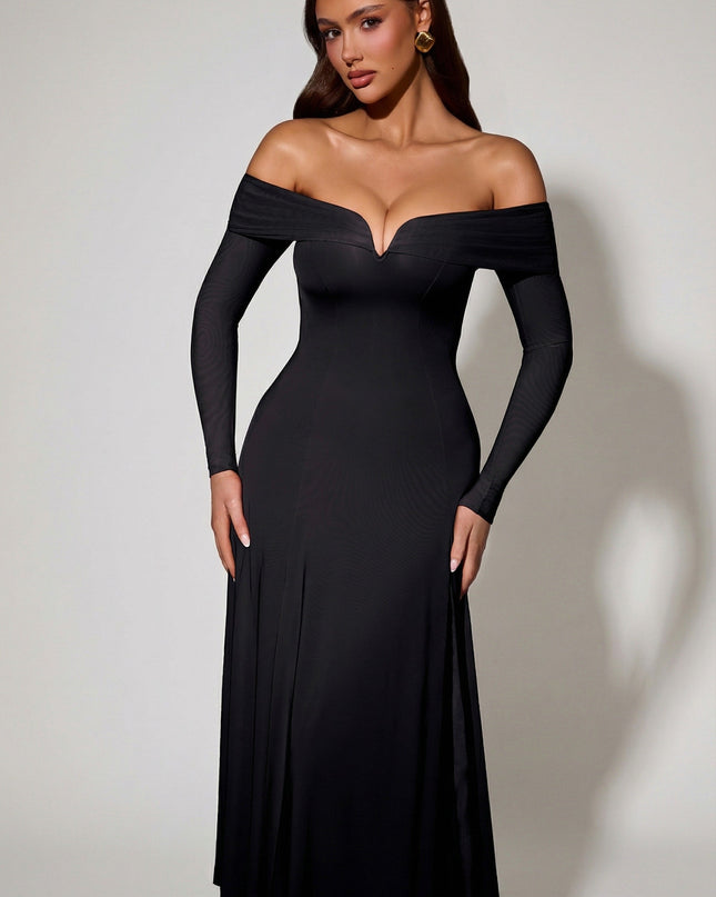 Black Off-Shoulder Lace-Up A-Line Midaxi Dress