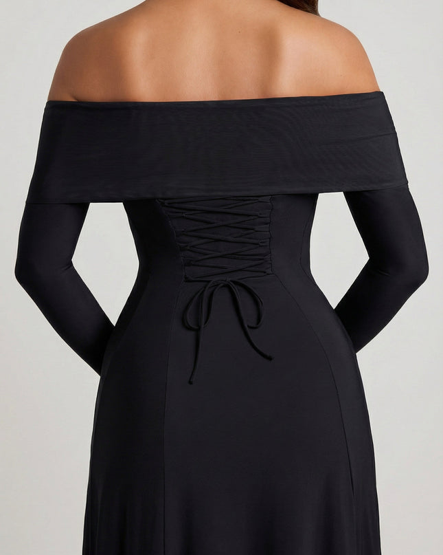 Black Off-Shoulder Lace-Up A-Line Midaxi Dress