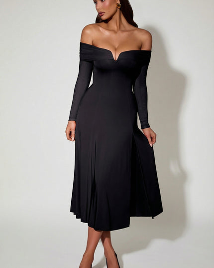 Black Off-Shoulder Lace-Up A-Line Midaxi Dress