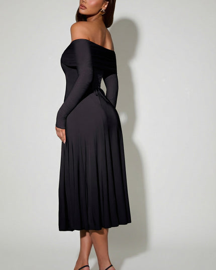 Black Off-Shoulder Lace-Up A-Line Midaxi Dress