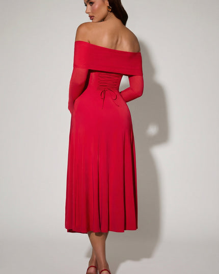 Red Off-Shoulder Lace-Up A-Line Midaxi Dress