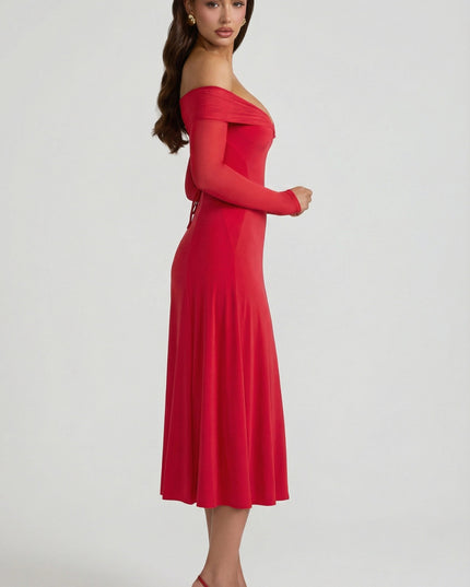 Red Off-Shoulder Lace-Up A-Line Midaxi Dress