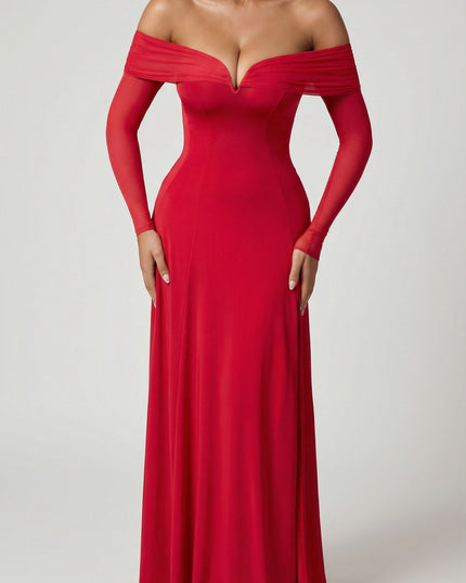Red Off-Shoulder Lace-Up A-Line Midaxi Dress