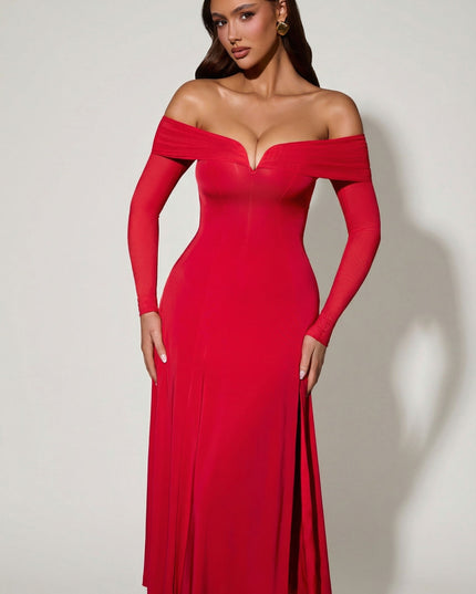 Red Off-Shoulder Lace-Up A-Line Midaxi Dress