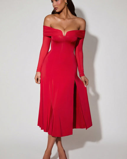 Red Off-Shoulder Lace-Up A-Line Midaxi Dress