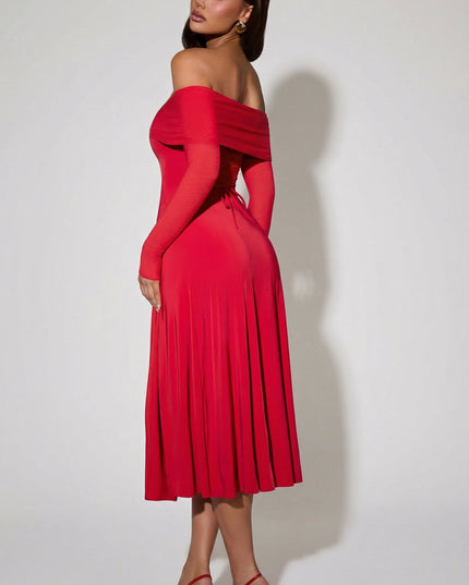 Red Off-Shoulder Lace-Up A-Line Midaxi Dress