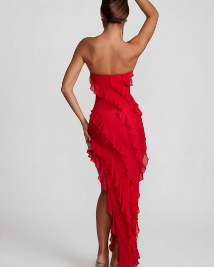 Red Bandeau Ruffle Detail Maxi Dress