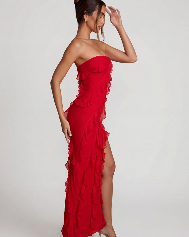 Red Bandeau Ruffle Detail Maxi Dress