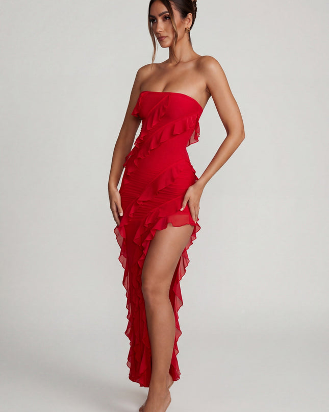 Red Bandeau Ruffle Detail Maxi Dress