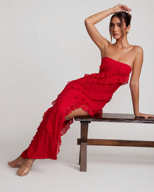 Red Bandeau Ruffle Detail Maxi Dress