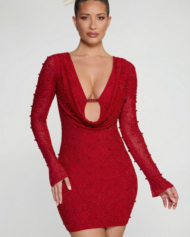 Red Long Sleeve Deep Plunge Mini Dress