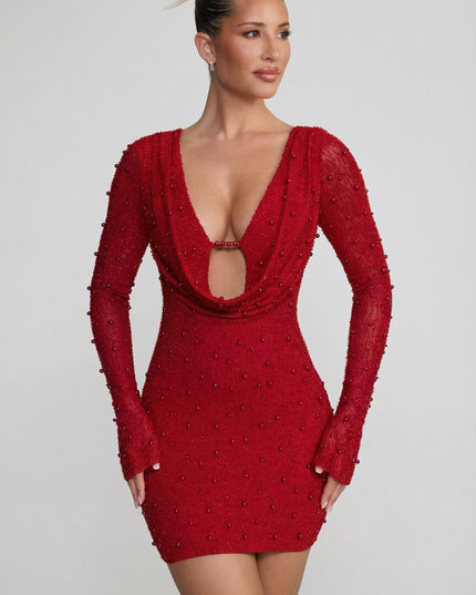 Red Long Sleeve Deep Plunge Mini Dress