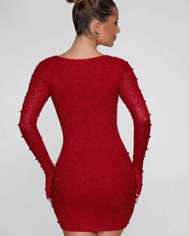 Red Long Sleeve Deep Plunge Mini Dress