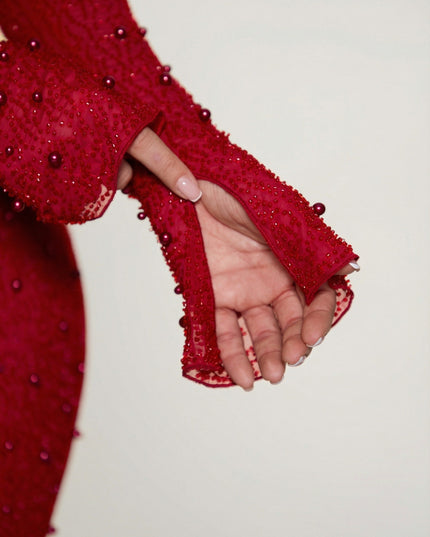 Red Long Sleeve Deep Plunge Mini Dress