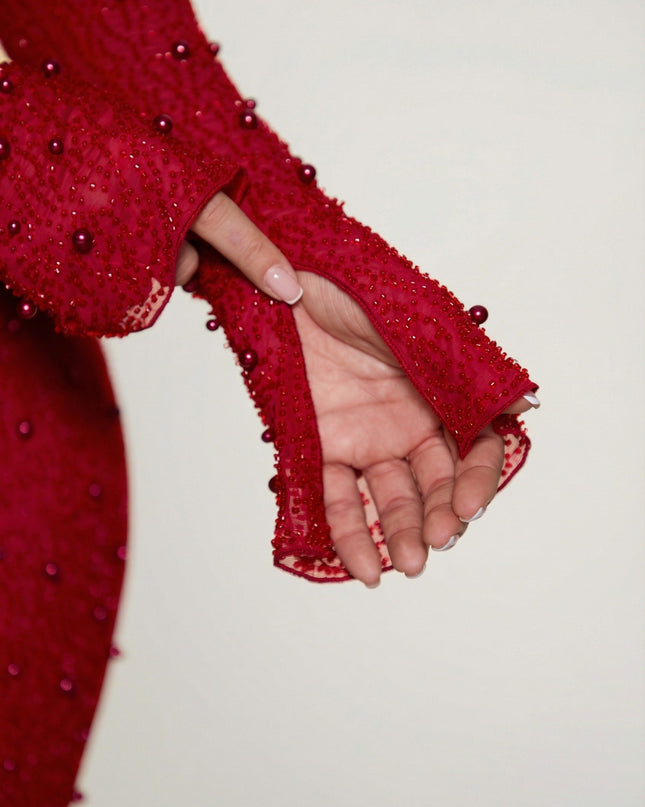 Red Long Sleeve Deep Plunge Mini Dress