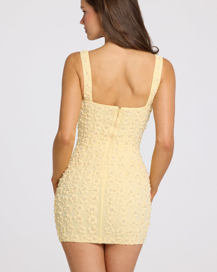 Butter Yellow Embellished Square-Neck Mini Dress