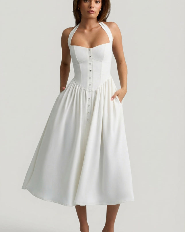 White Button-Detail Halterneck Midaxi Dress
