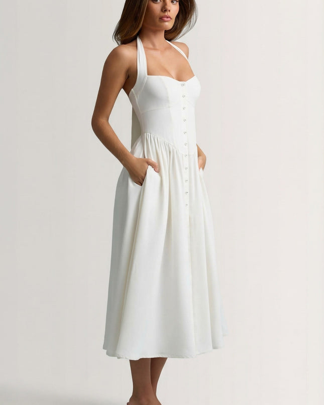White Button-Detail Halterneck Midaxi Dress