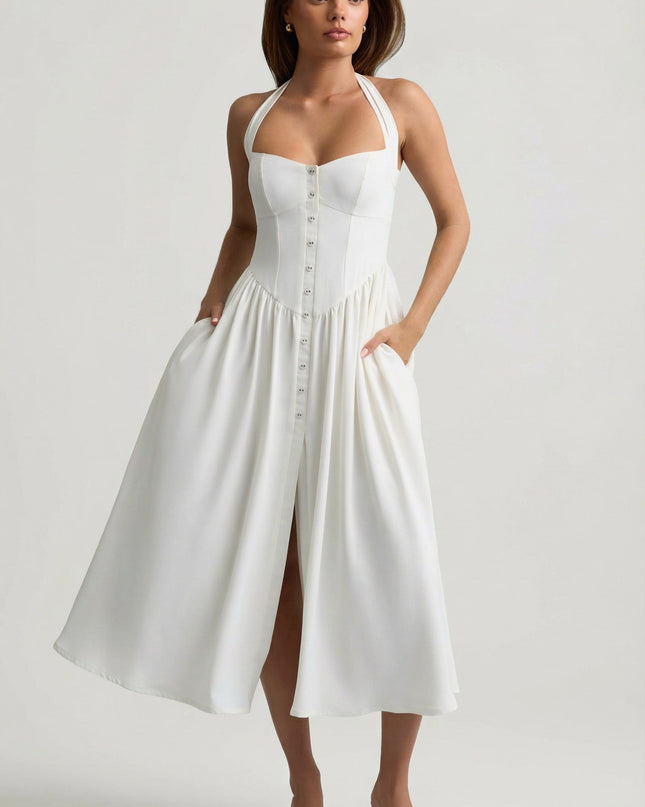 White Button-Detail Halterneck Midaxi Dress