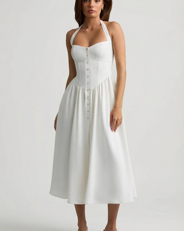 White Button-Detail Halterneck Midaxi Dress