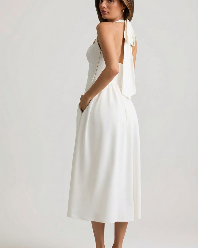 White Button-Detail Halterneck Midaxi Dress