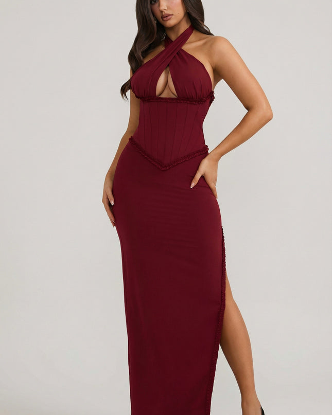 Berry Red Halterneck Lace-Up Corset Maxi Dress