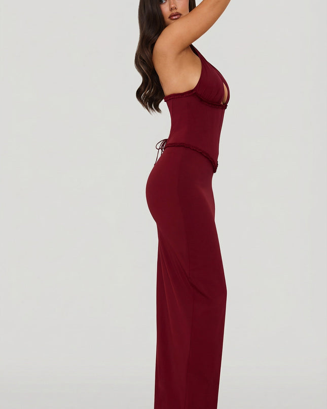 Berry Red Halterneck Lace-Up Corset Maxi Dress