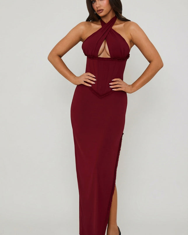 Berry Red Halterneck Lace-Up Corset Maxi Dress