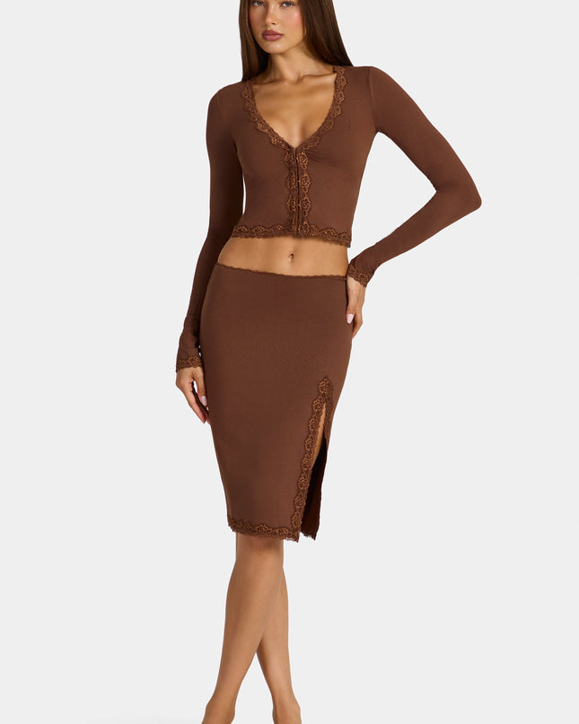 Cocoa Brown Modal Lace-Trim Low-Rise Midi Skirt