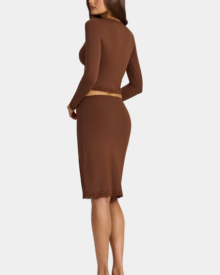 Cocoa Brown Modal Lace-Trim Low-Rise Midi Skirt