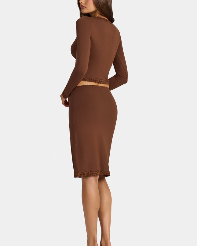Cocoa Brown Modal Lace-Trim Low-Rise Midi Skirt