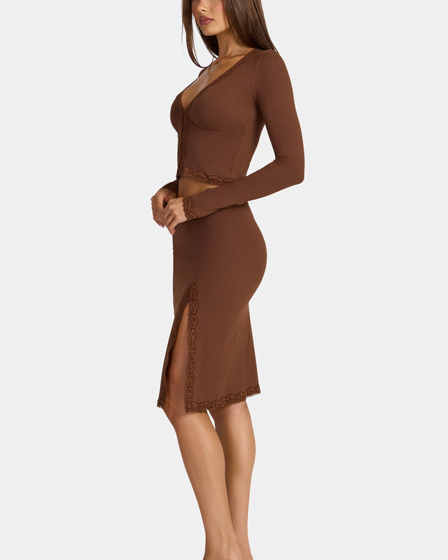 Cocoa Brown Modal Lace-Trim Low-Rise Midi Skirt