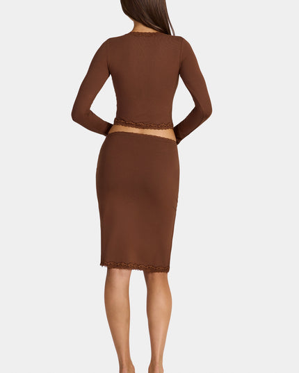 Cocoa Brown Modal Lace-Trim Low-Rise Midi Skirt