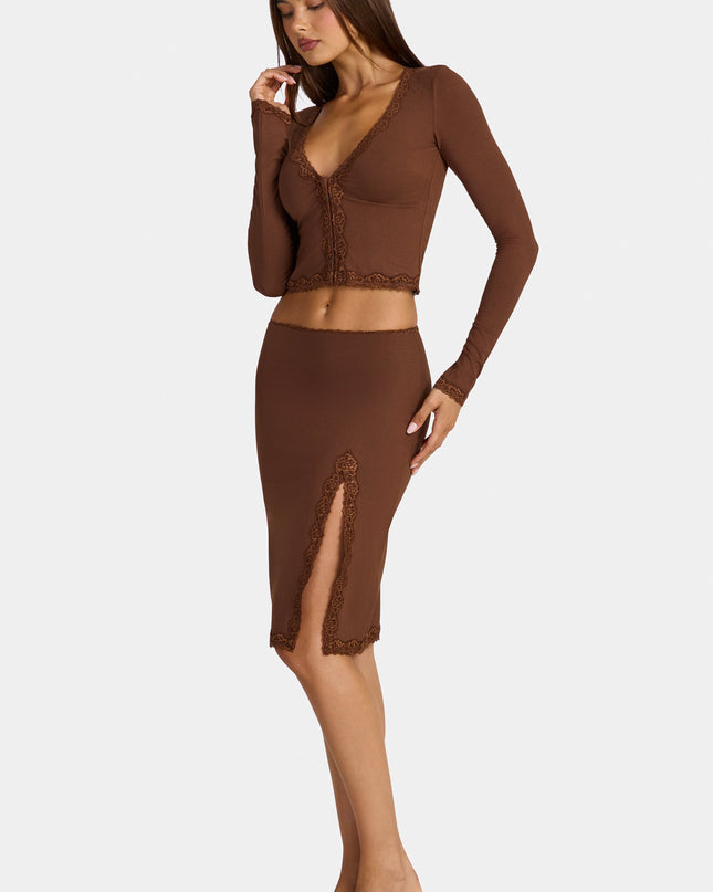 Cocoa Brown Modal Lace-Trim Low-Rise Midi Skirt
