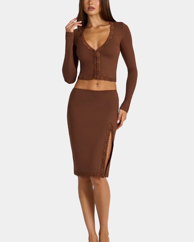 Cocoa Brown Modal Lace-Trim Low-Rise Midi Skirt