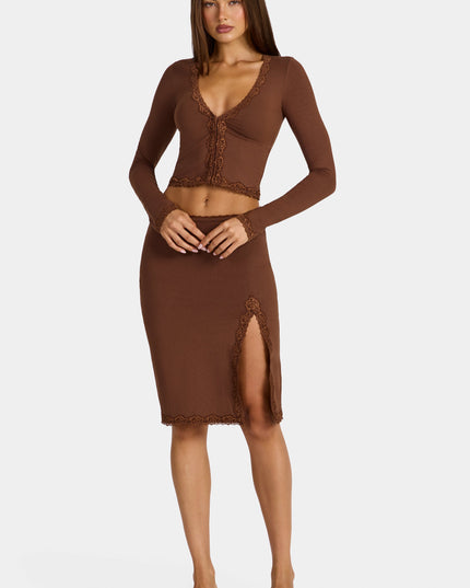 Cocoa Brown Modal Lace-Trim Low-Rise Midi Skirt