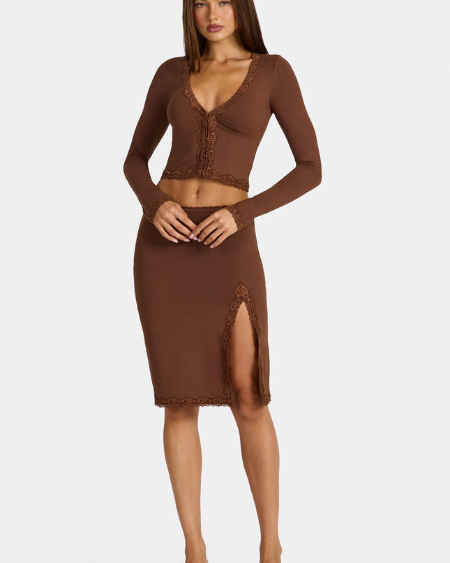 Cocoa Brown Modal Lace-Trim Low-Rise Midi Skirt