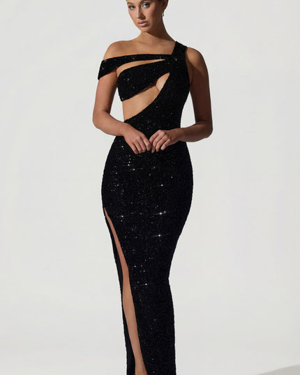 Black Embellished Asymmetric Cut-Out Gown